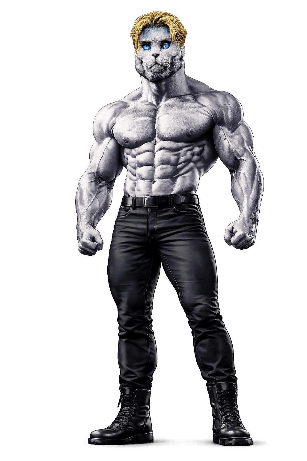 GigaCat, a shredded sigma cat standing in black jeans and boots
