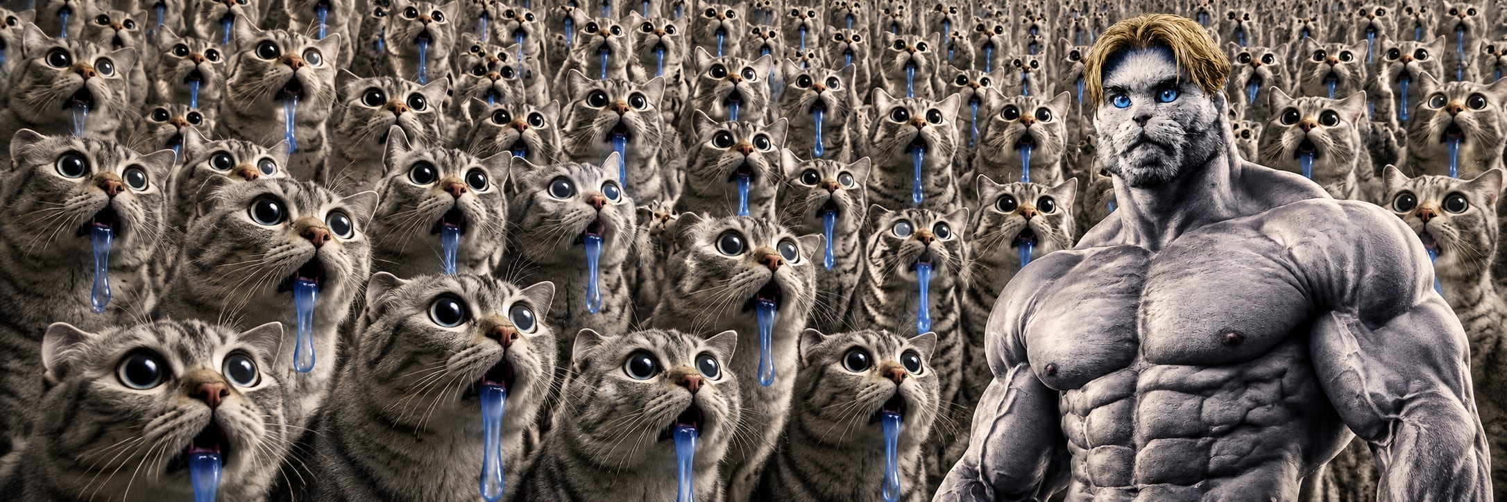 A crowd of drooling soy cats on the left, one GigaCat standing calm on the right